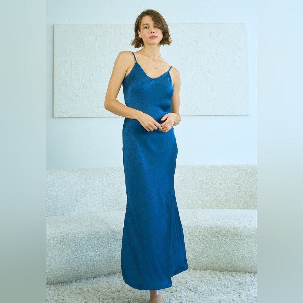 Midnight Blue Satin Long Slip Dress